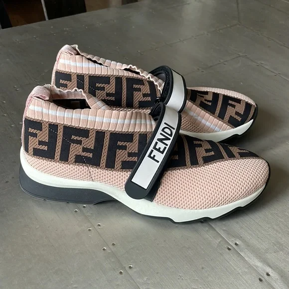 Fendi authentic knit sock pink brown logo sneaker trainer flats sz 38.5 - Picture 5 of 12